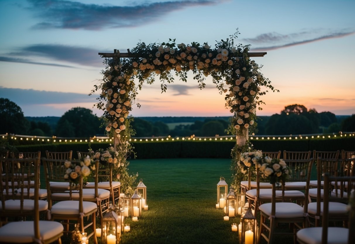A tranquil sunset over a garden with twinkling lights and a floral archway, setting the stage for a late evening wedding