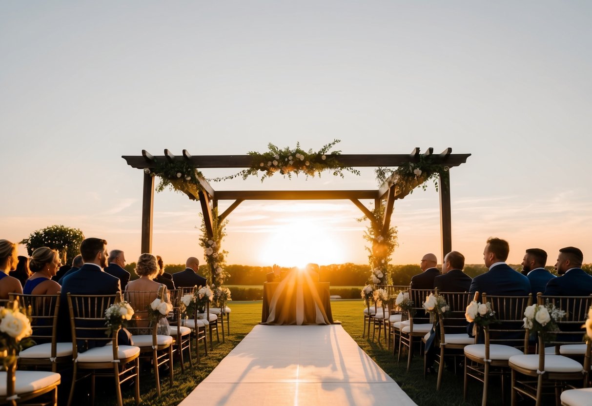 A sun setting behind a picturesque outdoor wedding venue, casting a warm glow over the ceremony area