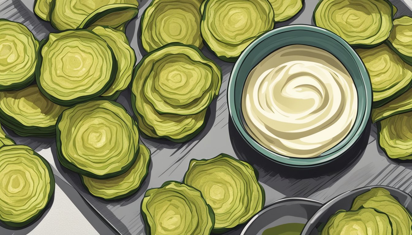 Freshly baked zucchini chips arranged on a baking sheet, with a small bowl of dipping sauce on the side