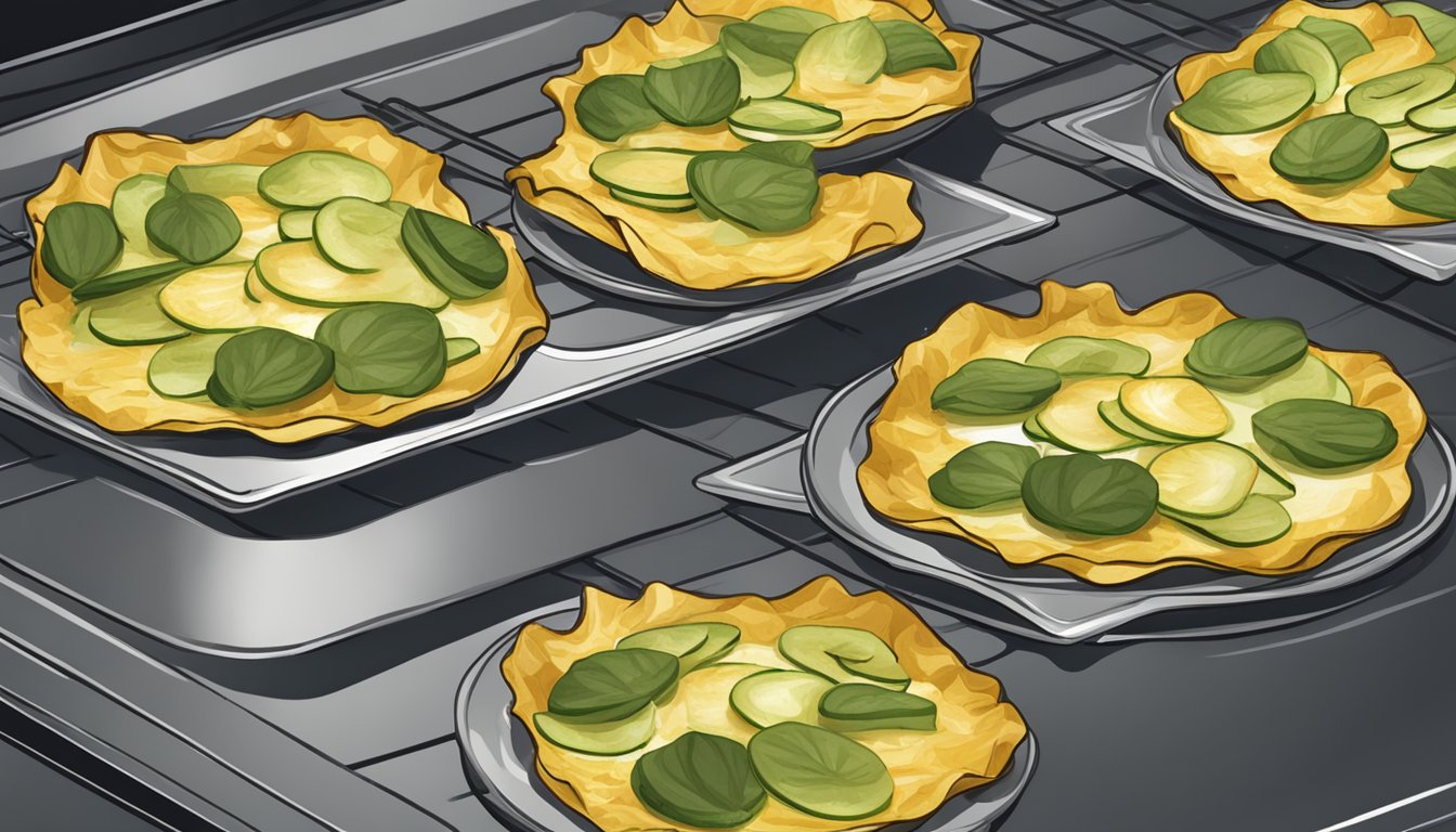 A plate of baked zucchini chips being reheated in the oven