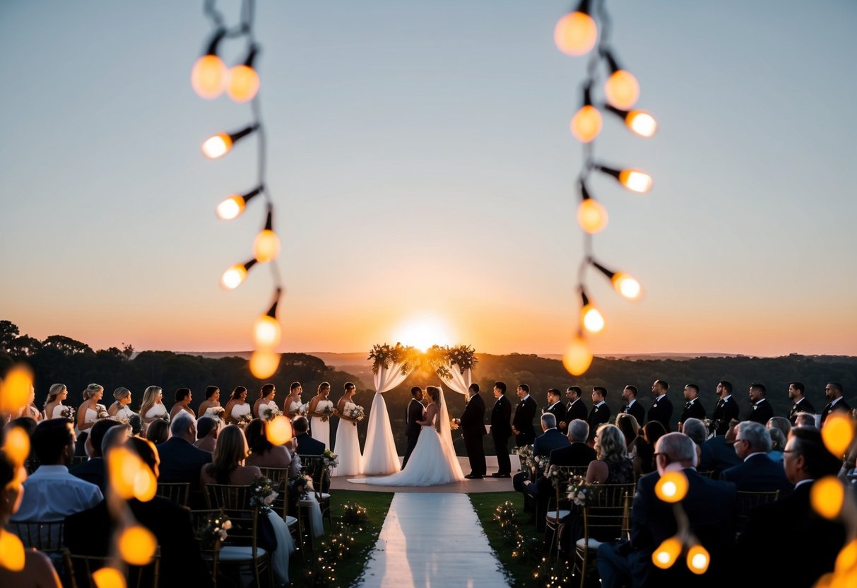 The sun sets behind a picturesque venue, casting a warm glow over the ceremony area. Decorative lights twinkle as guests gather for an evening wedding