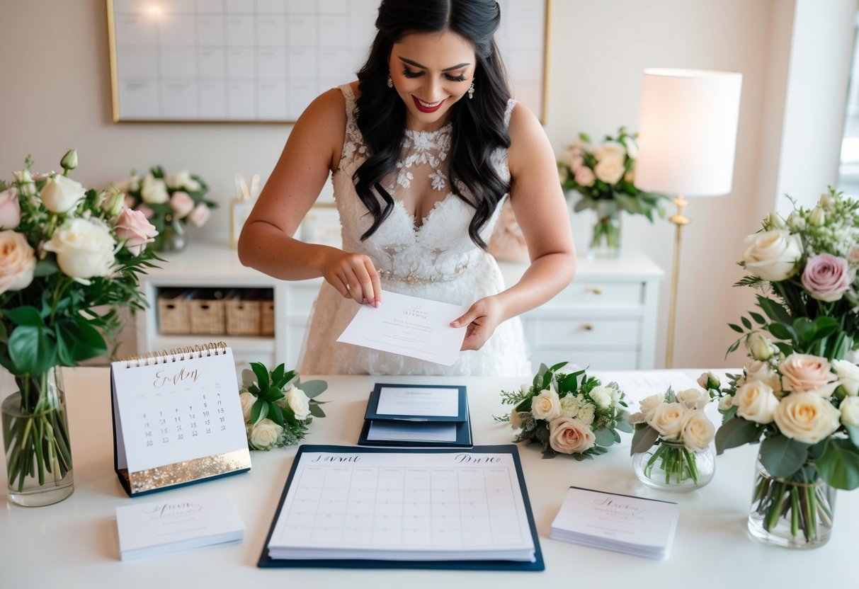 A bride-to-be organizing wedding invitations at a desk with a calendar and wedding planner open, surrounded by flowers and decorations