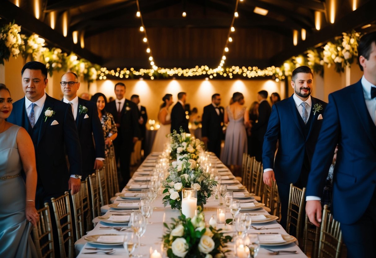 A dimly lit wedding venue at 6:30 pm, with elegant table settings and floral centerpieces. Guests arriving in formal attire