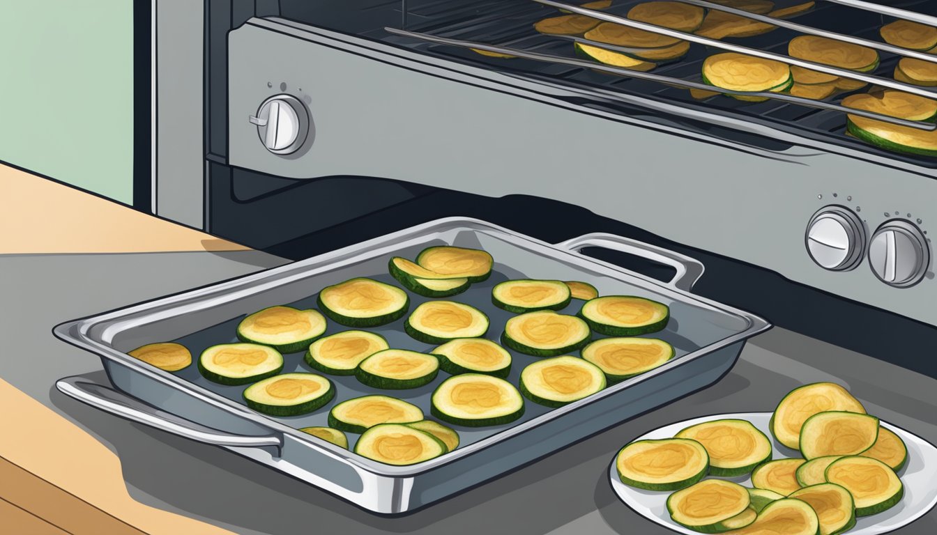 A baking sheet with baked zucchini chips being reheated in the oven