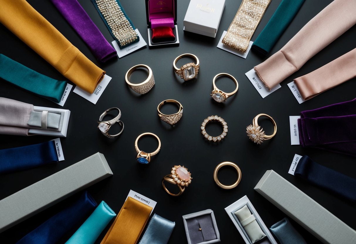 A table with various attire options and ring designs laid out, surrounded by swatches of fabric and jewelry boxes