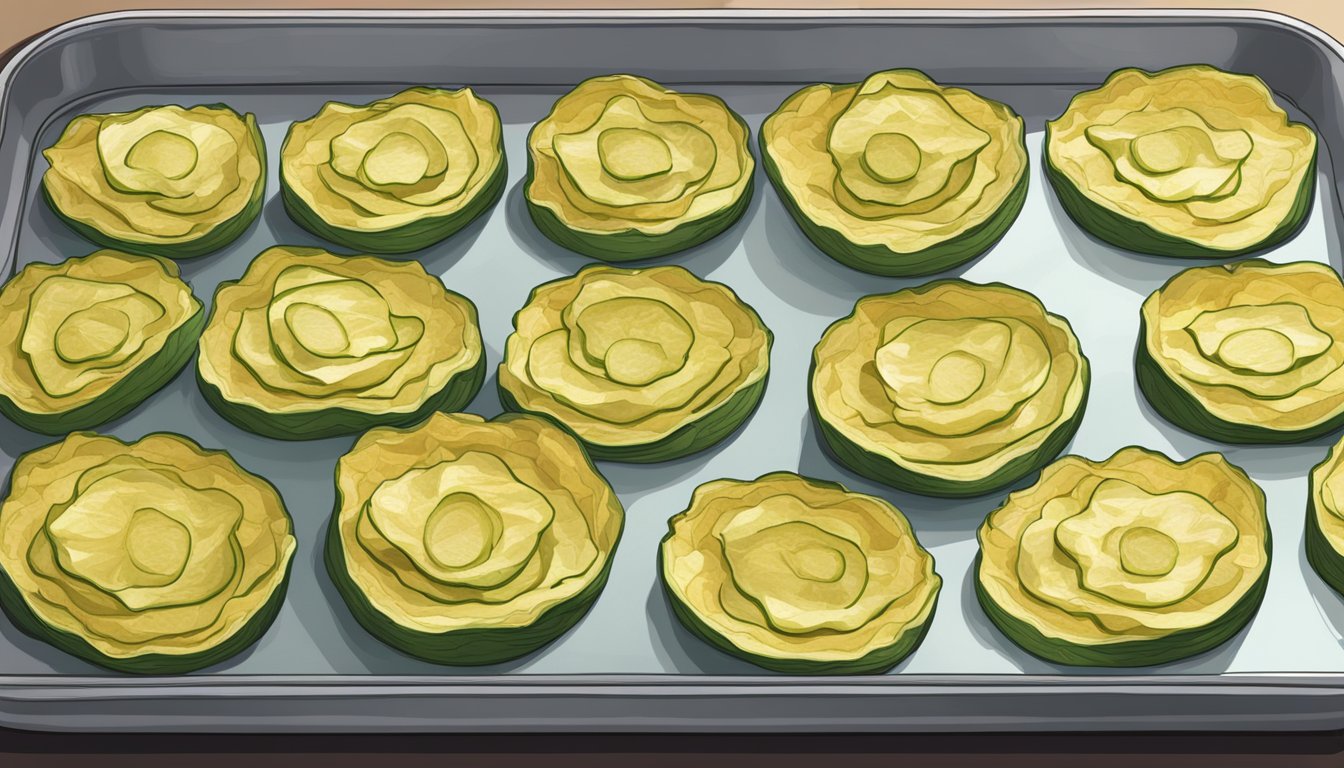 Baked zucchini chips arranged on a baking sheet, being reheated in the oven