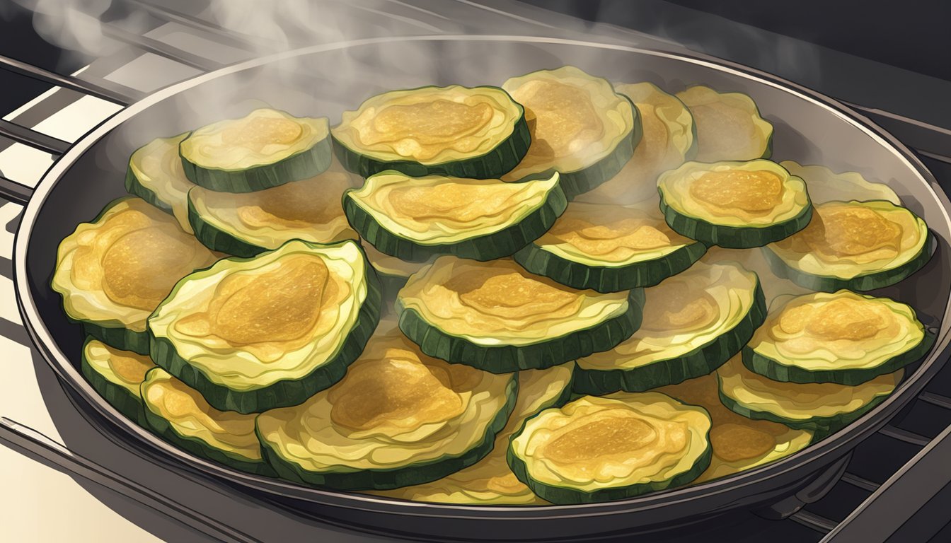 A plate of baked zucchini chips being reheated in an oven, emitting steam with a golden, crispy texture