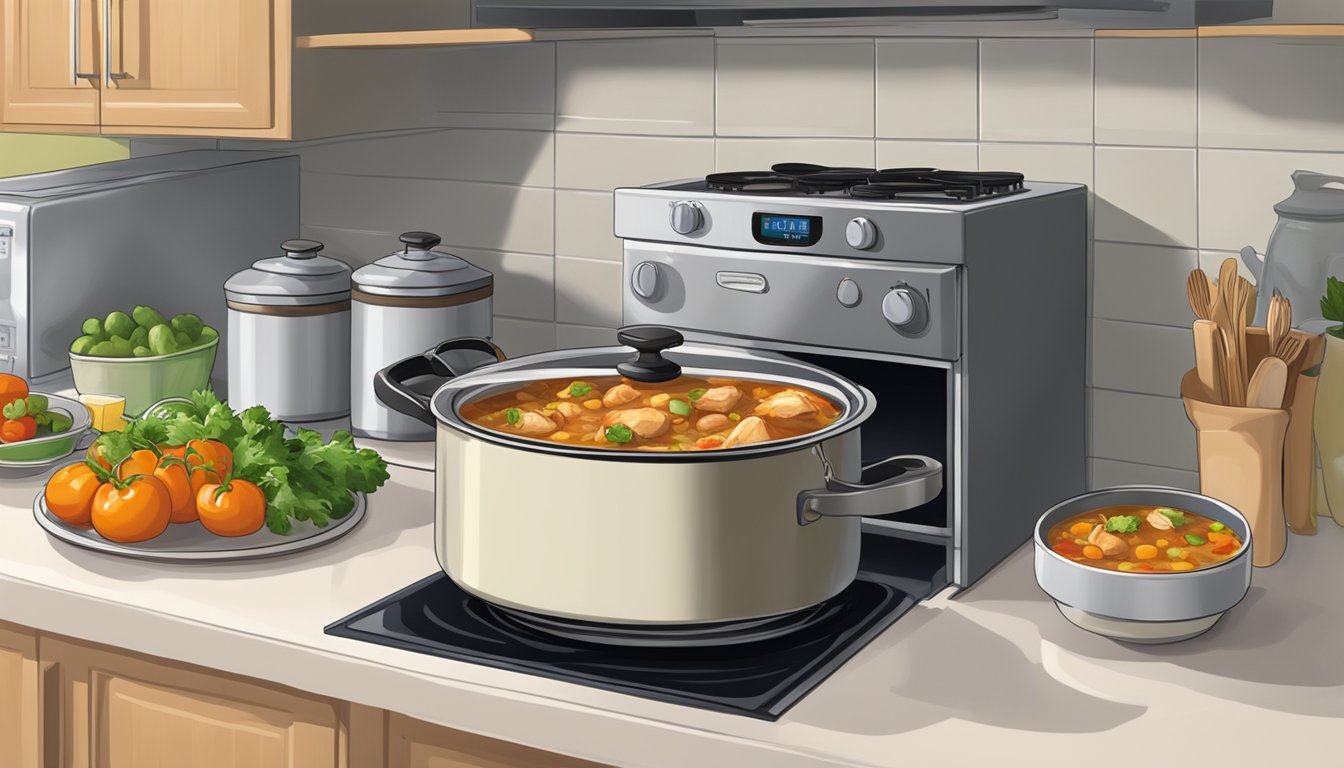 A pot of basque chicken stew sits on a stove, covered with a lid. A refrigerator and microwave are nearby