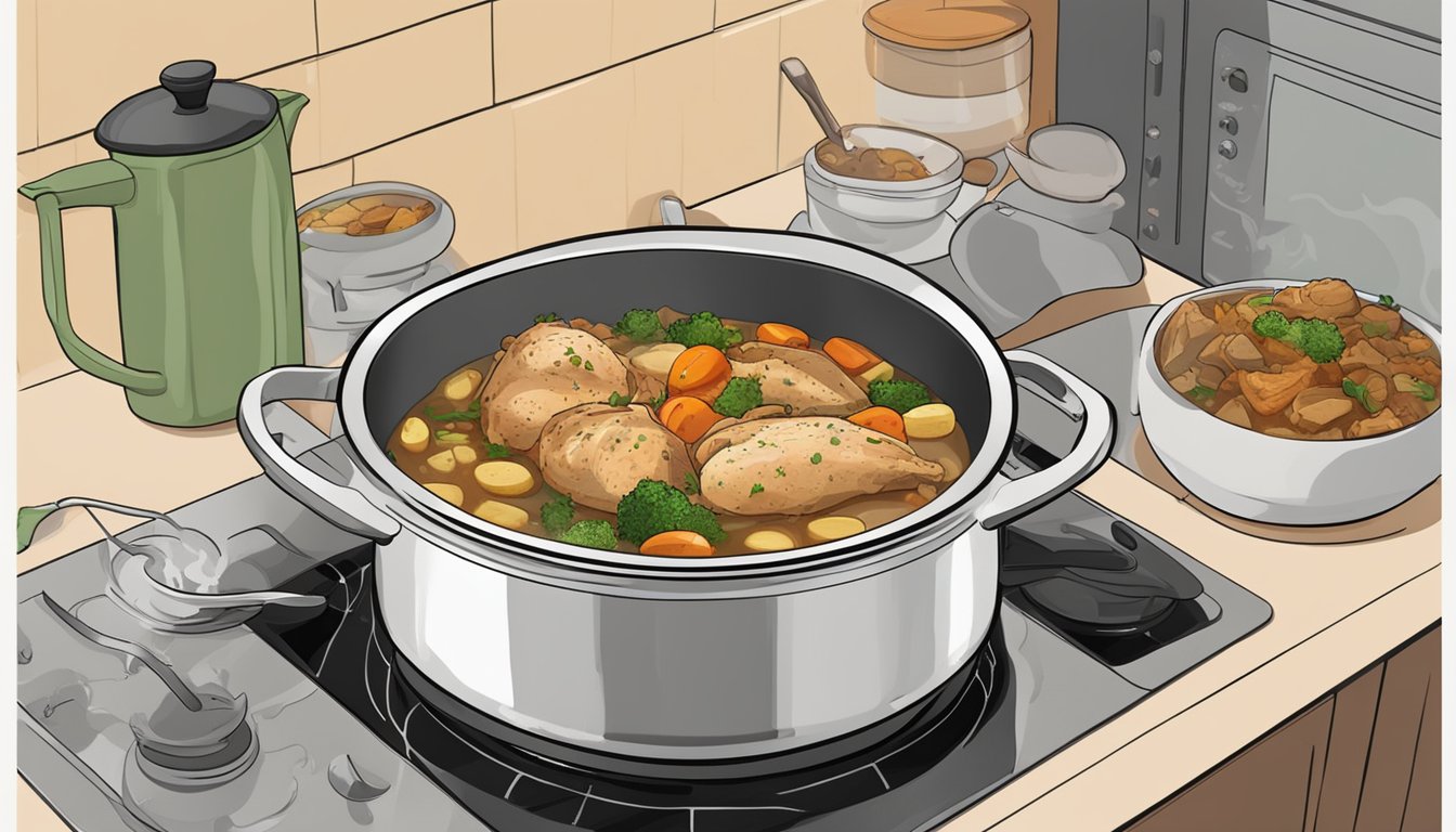 A steaming bowl of Basque chicken stew sits on a stovetop, surrounded by various reheating options such as a microwave, oven, and stovetop