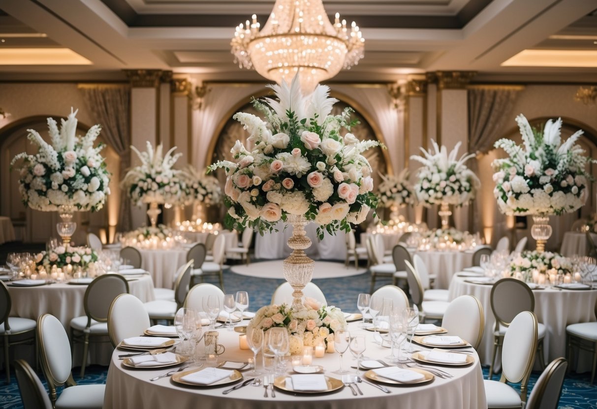 A lavish wedding venue with opulent decor, grand floral arrangements, and luxurious table settings