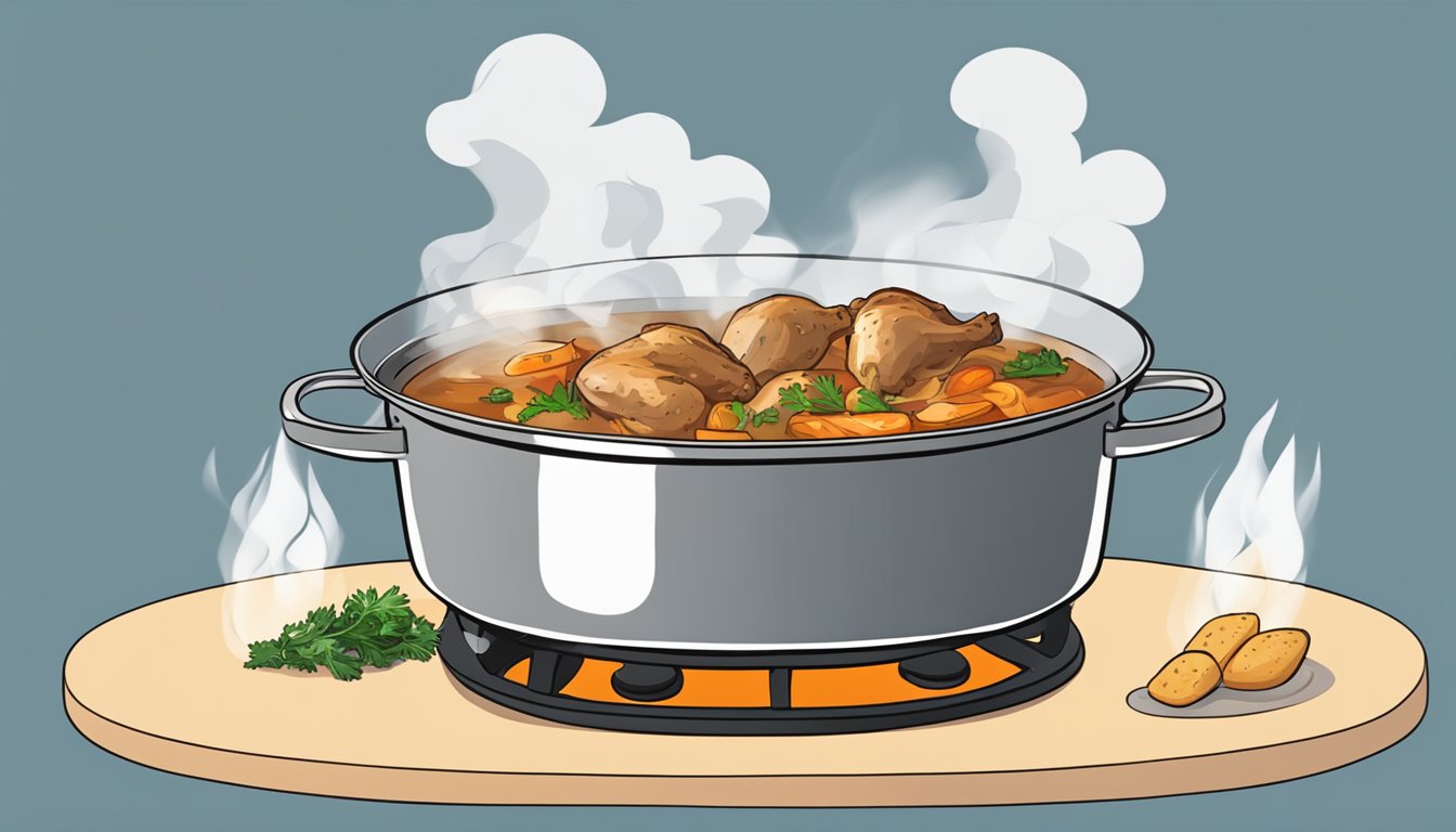 A steaming pot of basque chicken stew being reheated on a stovetop