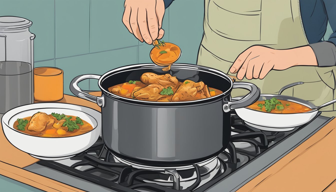 A person placing a covered pot of Basque chicken stew on a stovetop to reheat