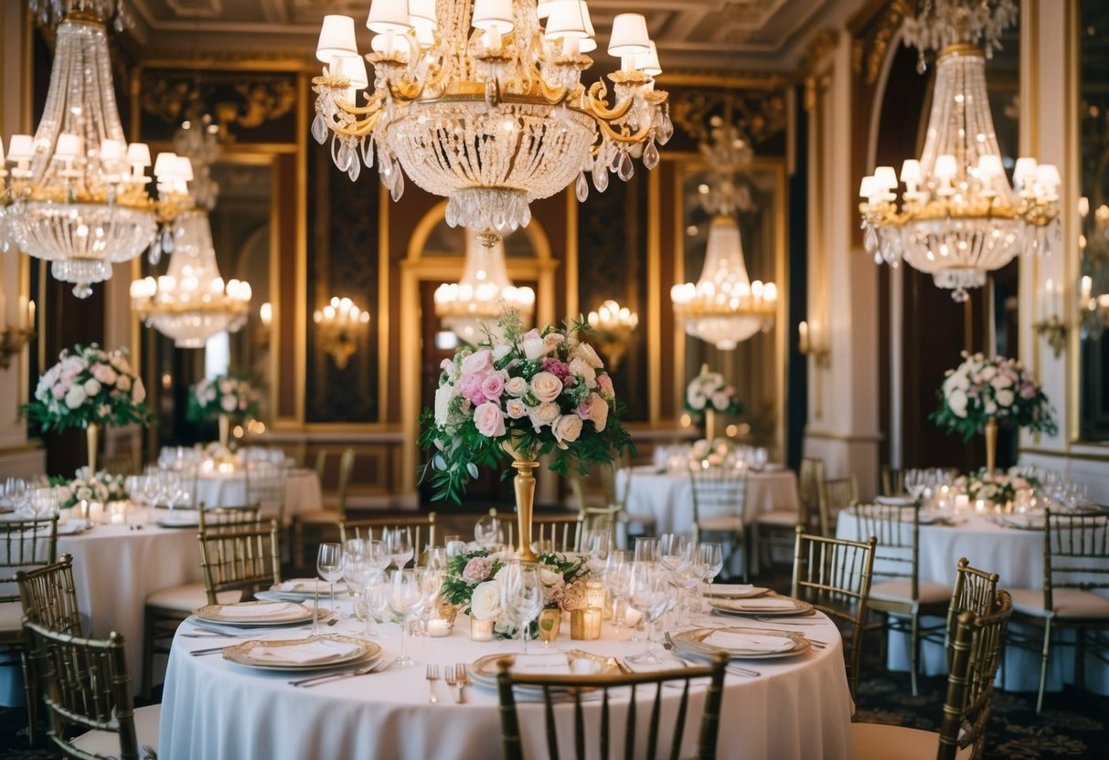 Opulent dining hall with ornate chandeliers, lavish floral centerpieces, and gilded decor