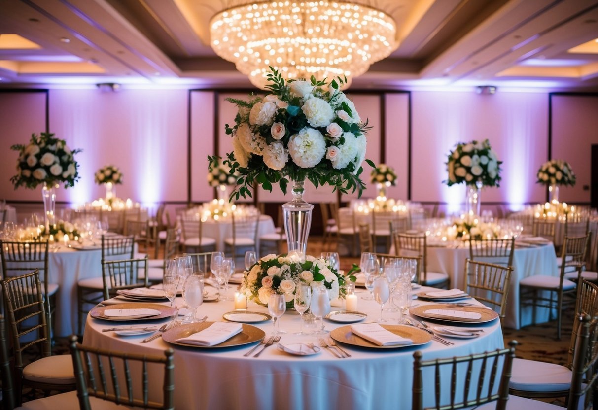 A lavish wedding reception with a grand floral centerpiece, opulent table settings, and a sparkling chandelier