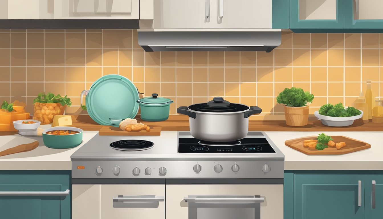 A modern kitchen with a microwave, oven, and stovetop, with a pot of basque chicken stew being reheated using alternative technologies