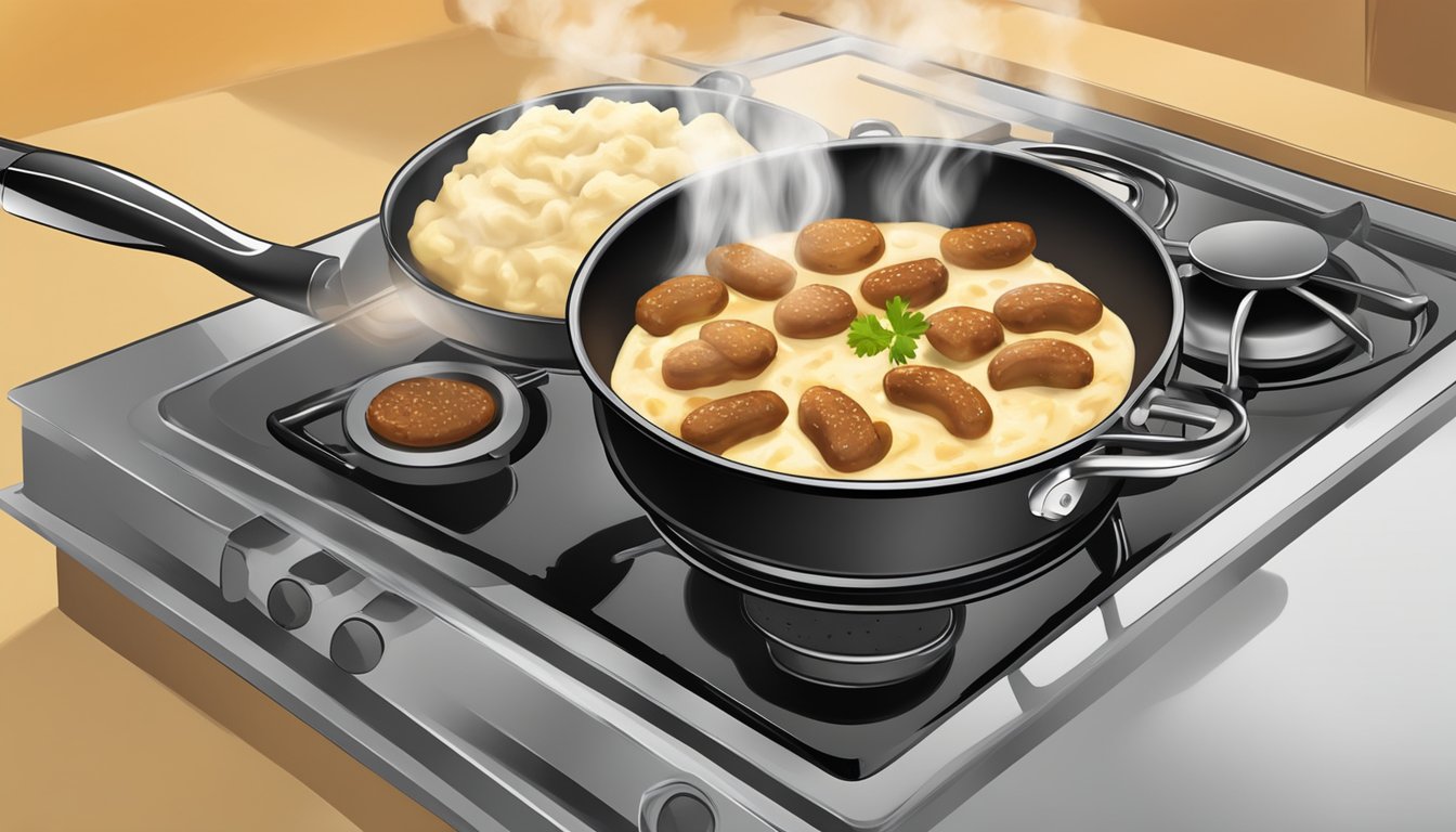 A stovetop with a skillet containing sizzling bangers and mashed potatoes, steam rising from the food