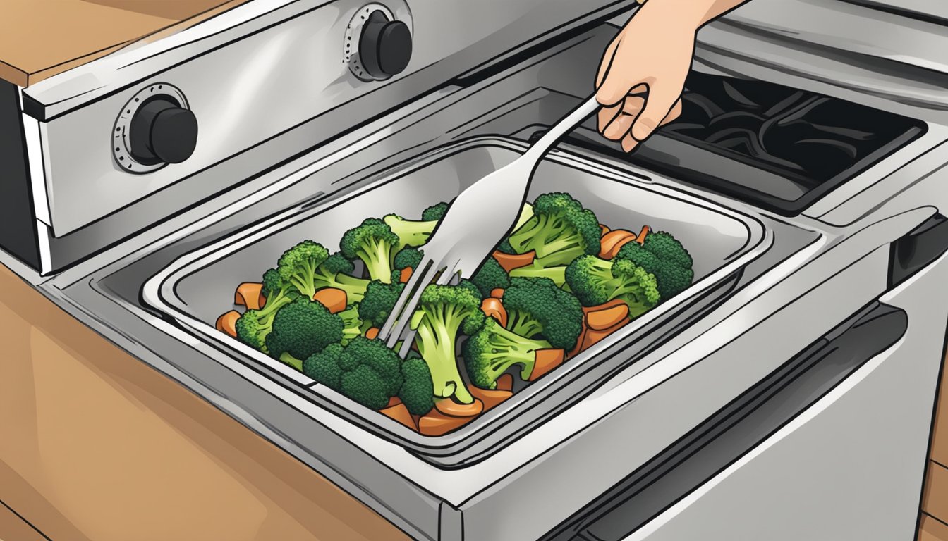 A hand placing a container of beef and broccoli stir fry into a preheated oven