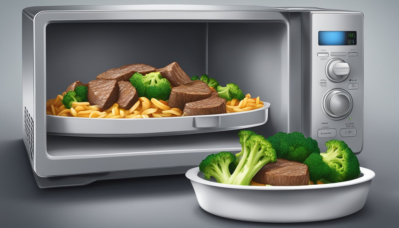 A microwave with a plate of beef and broccoli stir fry inside, the food covered with a microwave-safe lid