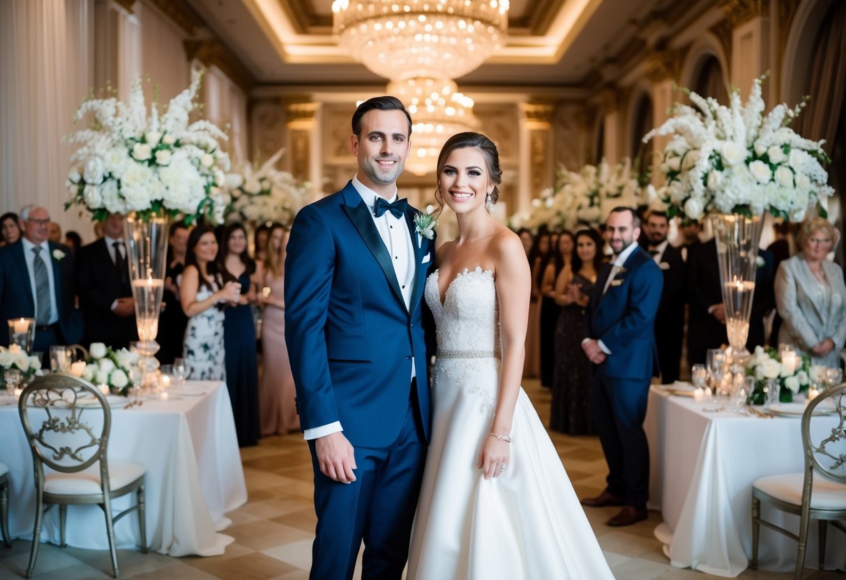 A bride and groom stand at an ornate wedding reception, surrounded by lavish decorations and an array of guests