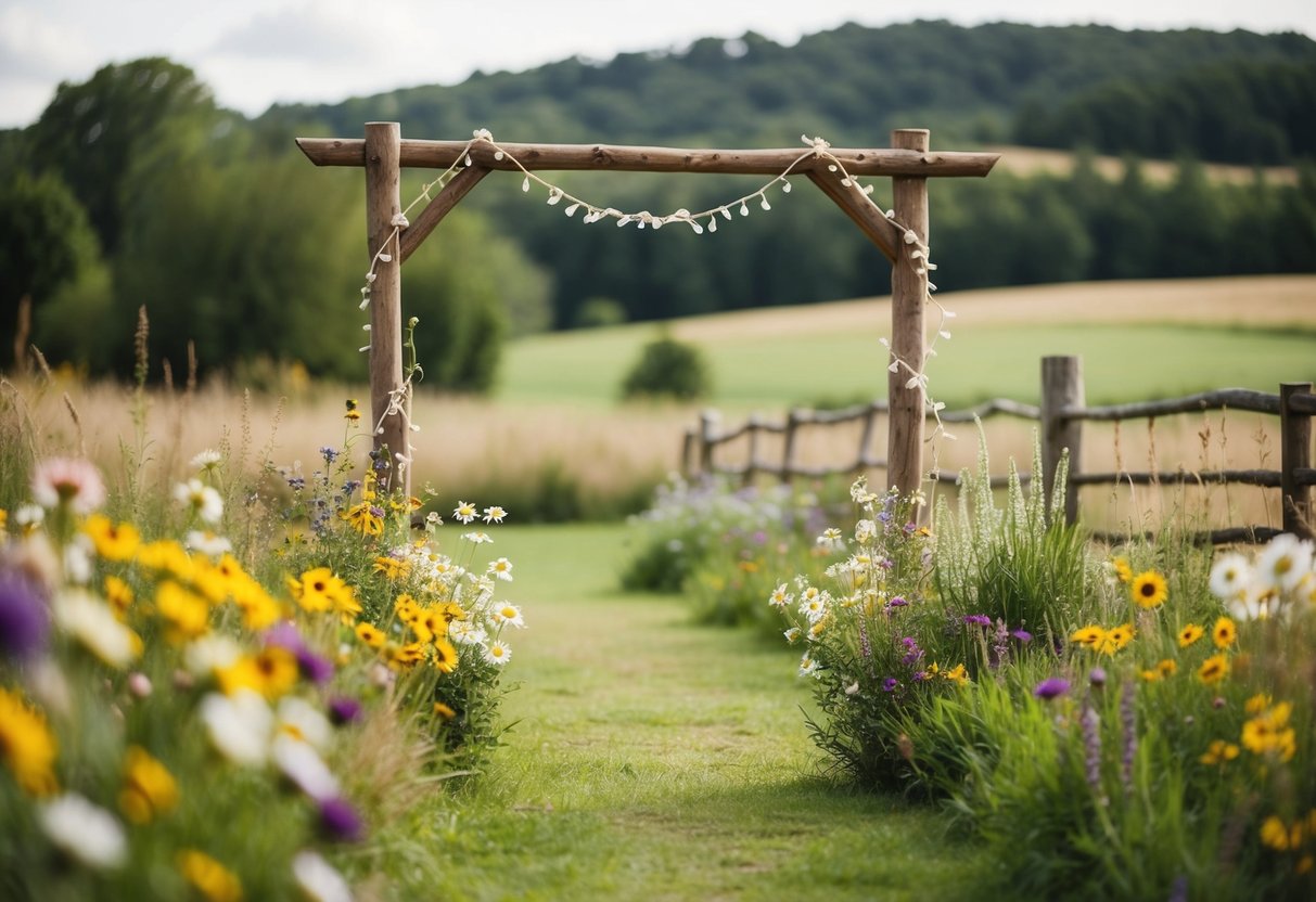A quaint countryside wedding with a rustic outdoor setting, colorful wildflowers, and a simple wooden archway adorned with fairy lights