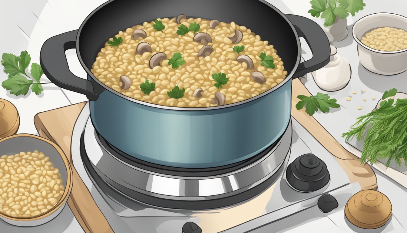 A pot of reheated barley risotto with mushrooms steaming on a stovetop