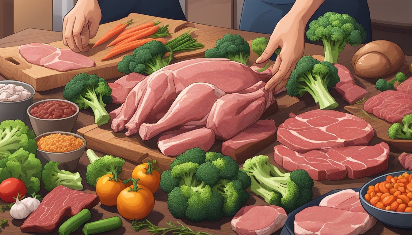 A hand reaching for a variety of raw meat, including beef, chicken, and pork, next to a pile of fresh broccoli and other vegetables