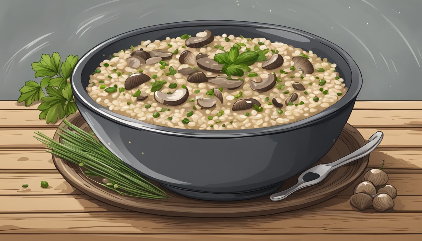 A steaming bowl of mushroom barley risotto sits on a rustic wooden table, surrounded by fresh herbs and a scattering of black pepper