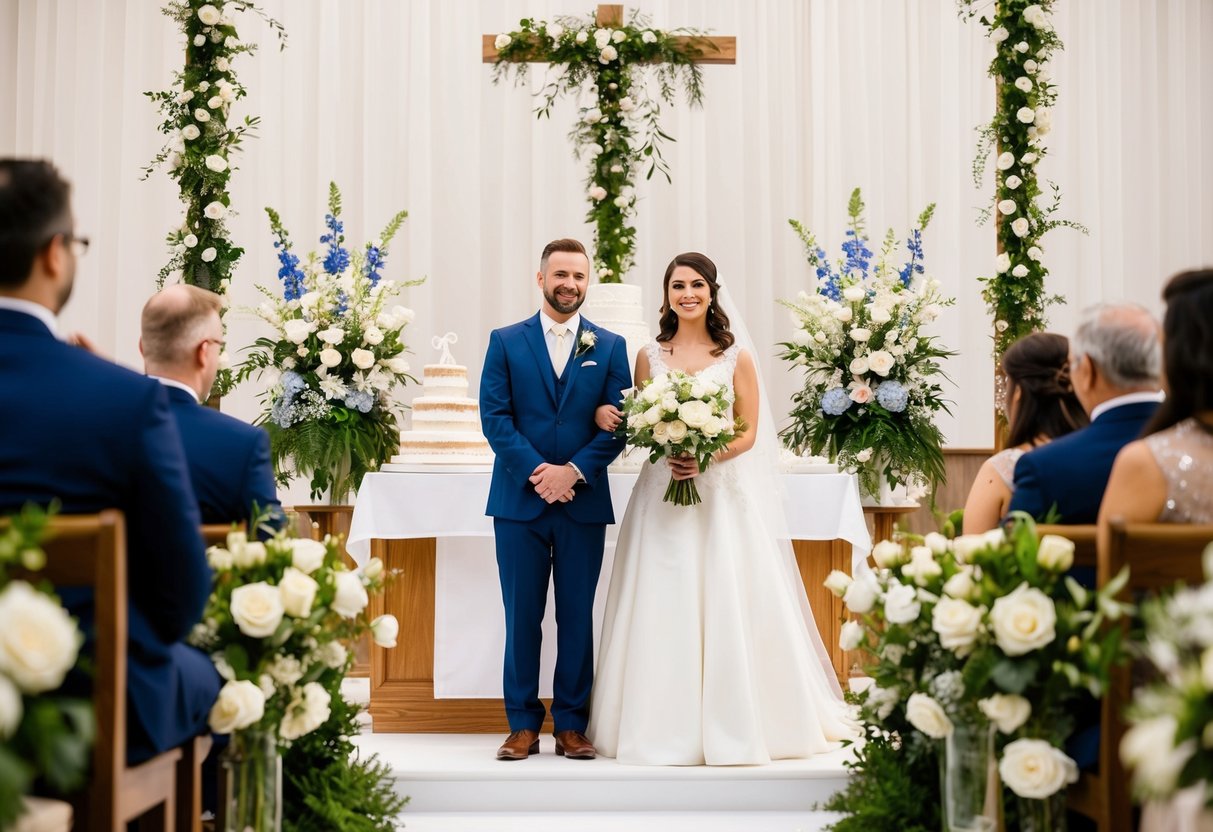 A bride and groom standing at the altar surrounded by flowers, decorations, and a wedding cake