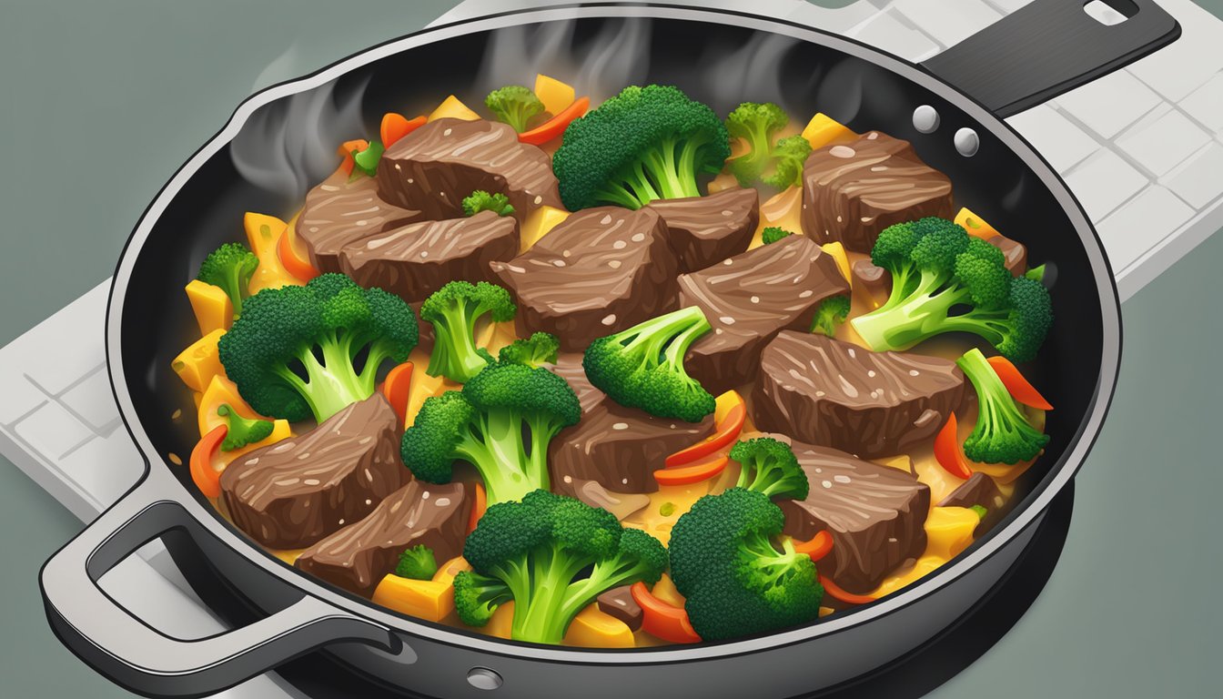 A skillet with sizzling beef and broccoli stir fry being heated on a stovetop