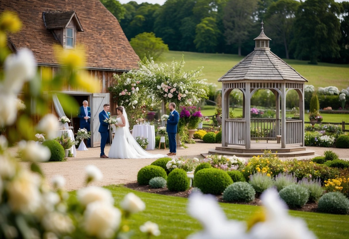 A charming countryside wedding venue with a rustic barn, blooming gardens, and a quaint gazebo. Various suppliers setting up elegant decor and floral arrangements