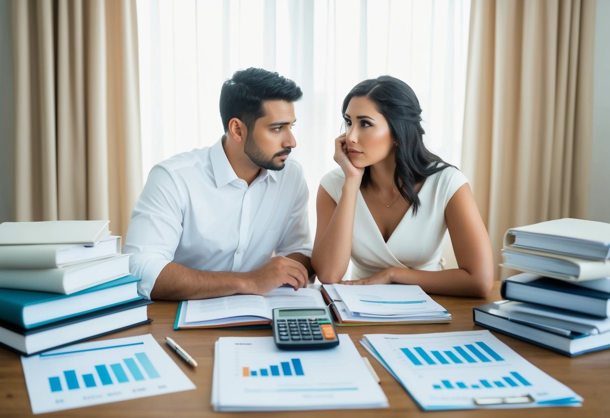 A couple sits at a table surrounded by wedding planning books, financial documents, and a calculator. They look concerned as they discuss their budget