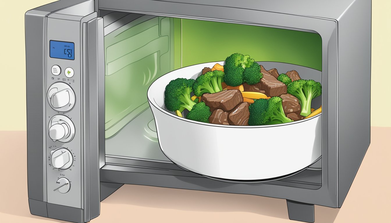 A microwave-safe dish containing beef and broccoli stir fry being reheated in a microwave