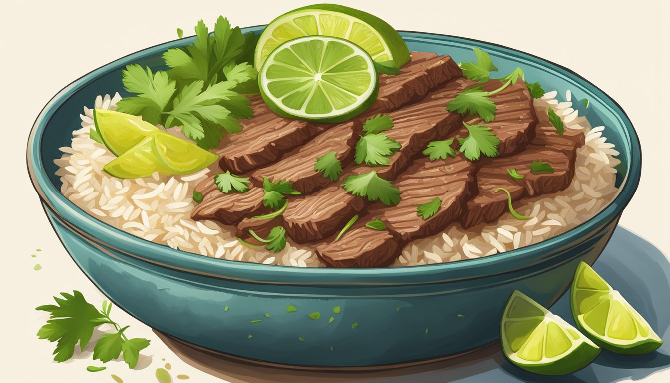 A steaming bowl of beef barbacoa sits atop a bed of warm, fragrant rice, surrounded by colorful slices of fresh lime and vibrant cilantro leaves