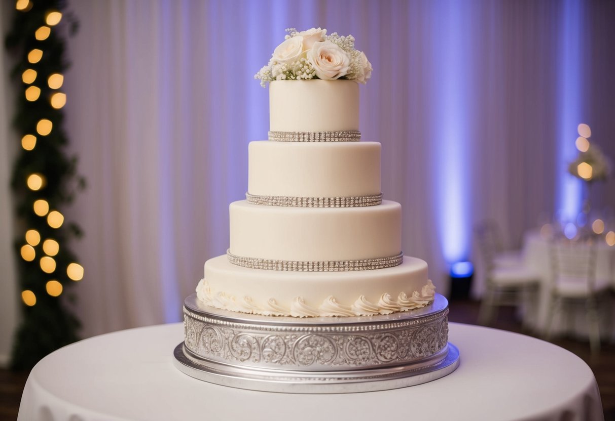 A wedding cake with 80% of the tiers plain and simple, while 20% are ornately decorated with intricate details and embellishments