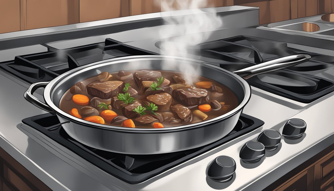 A steaming pot of beef bourguignon being gently reheated on a stovetop, with rich aromas filling the kitchen