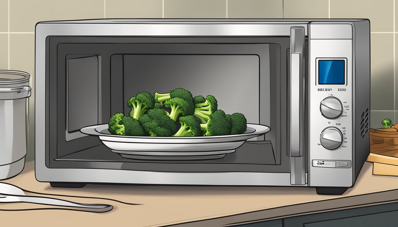 A plate of beef and broccoli being reheated in a microwave