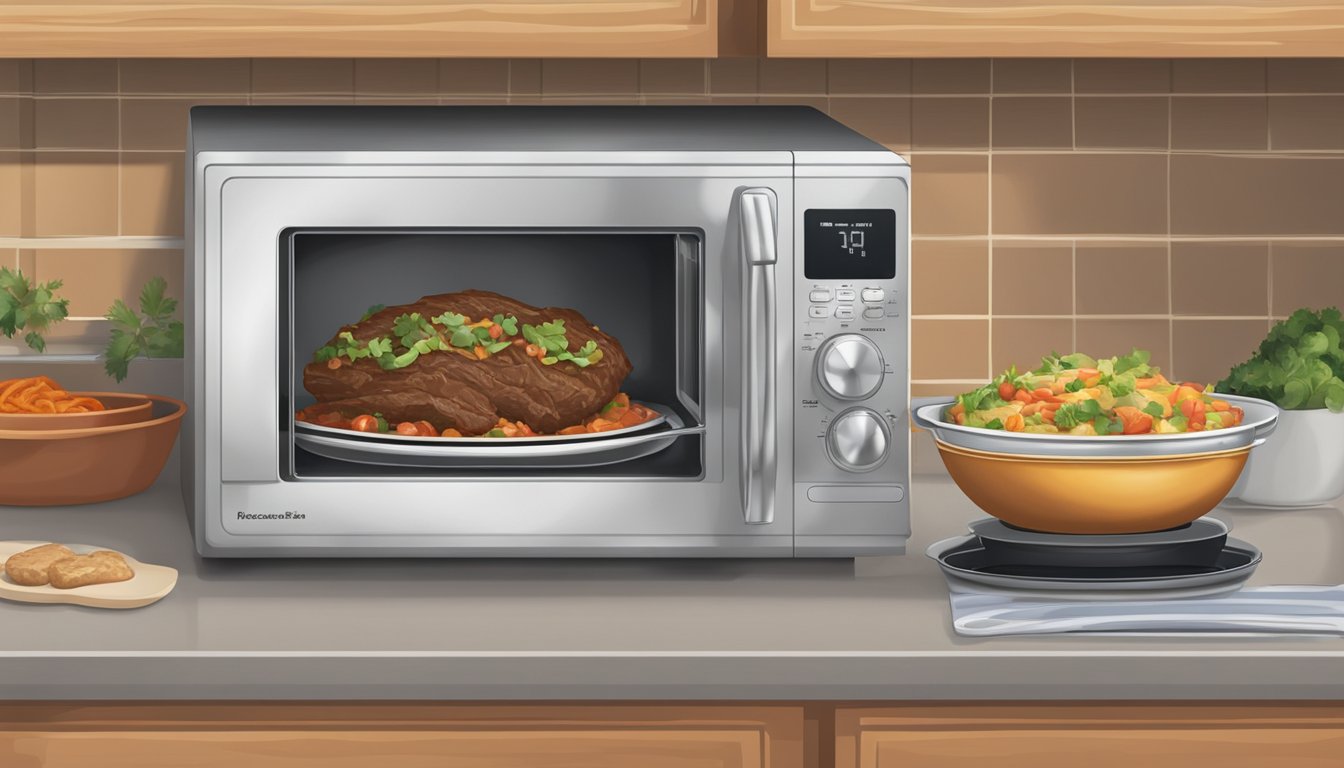 A microwave with a steaming plate of beef barbacoa inside, a stovetop with a skillet, and an oven with a baking dish