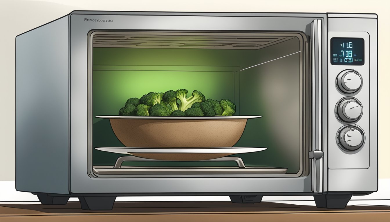 A microwave with a plate of beef and broccoli inside, steam rising from the food as it heats up