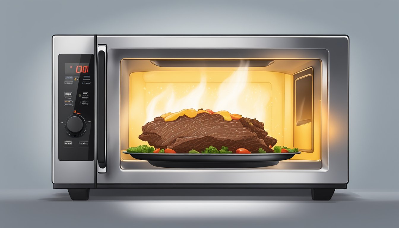 A plate of beef barbacoa being reheated in the microwave, with steam rising from the meat and a cover to keep it moist