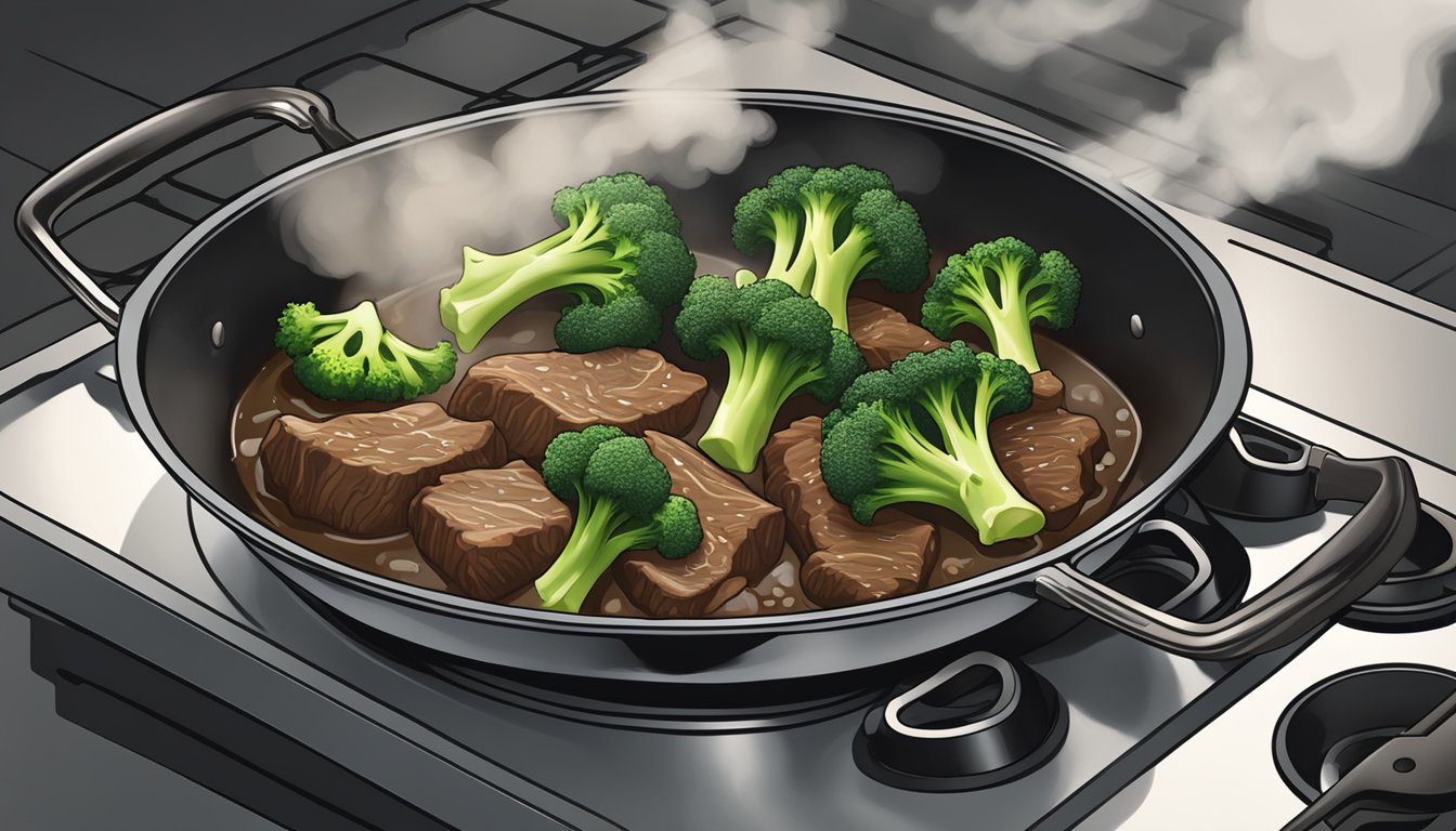 Beef and broccoli sizzling in a pan on a stovetop, steam rising as it is being reheated