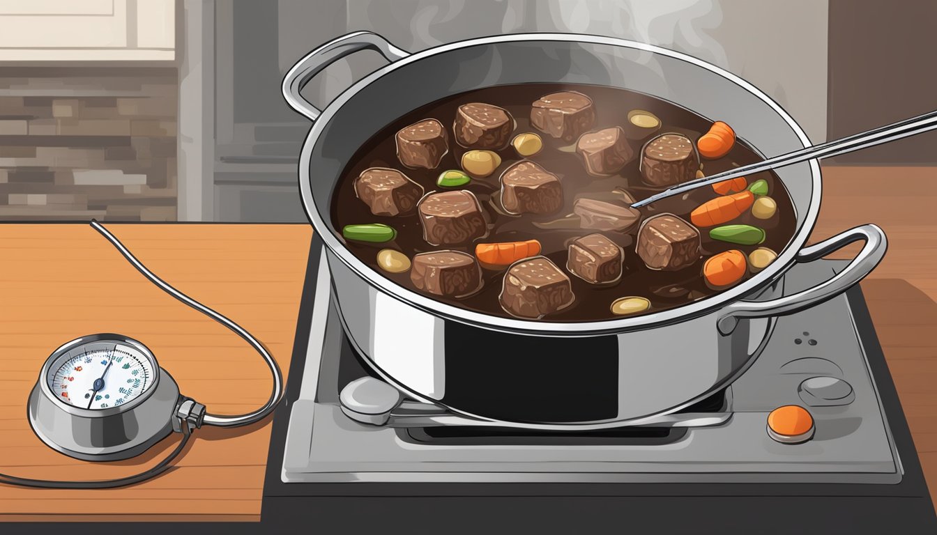 A pot of beef bourguignon being heated on a stovetop, with a digital food thermometer nearby to ensure the proper temperature for safe consumption