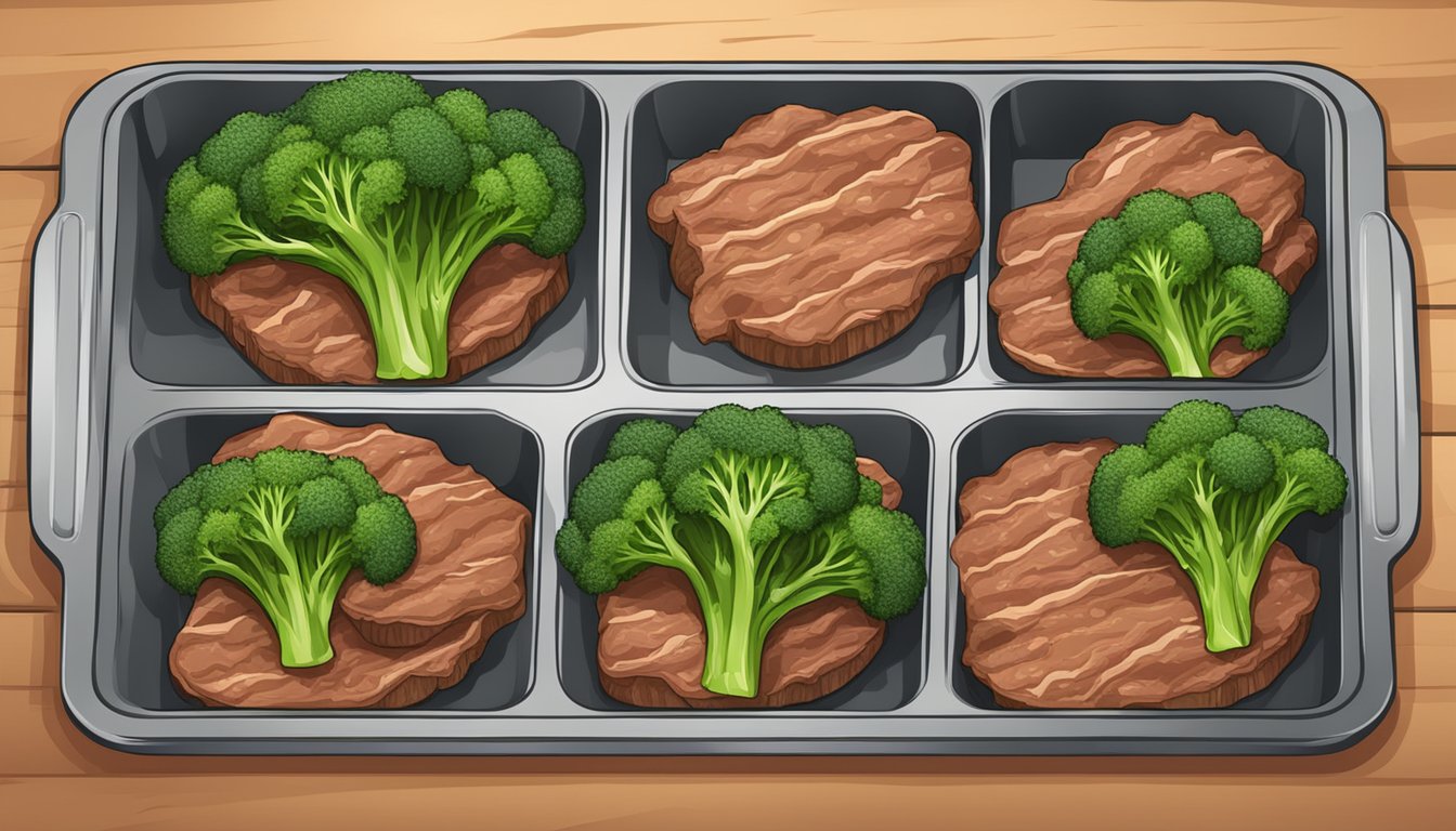 A baking sheet with leftover beef and broccoli in the oven