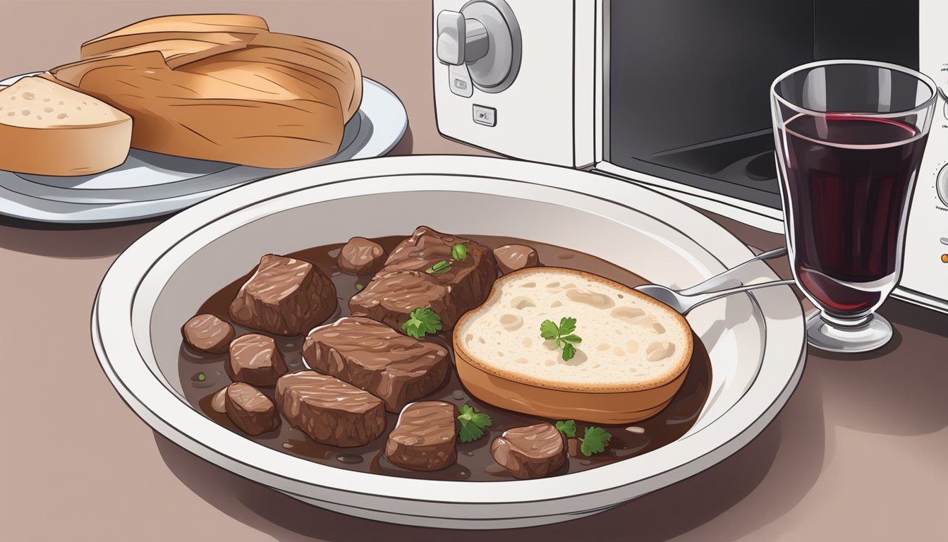 A steaming bowl of beef bourguignon being reheated in a microwave, surrounded by a loaf of crusty bread and a glass of red wine