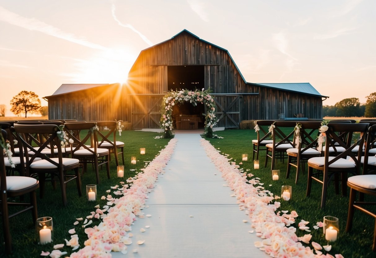 The sun sets behind a rustic barn, casting a warm glow on the ceremony site. A path of rose petals leads to a floral archway