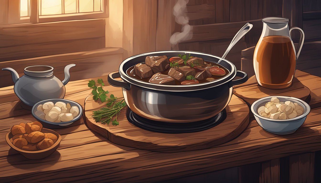 A steaming bowl of beef bourguignon sits on a rustic wooden table, with a pot of the stew simmering on a stove in the background