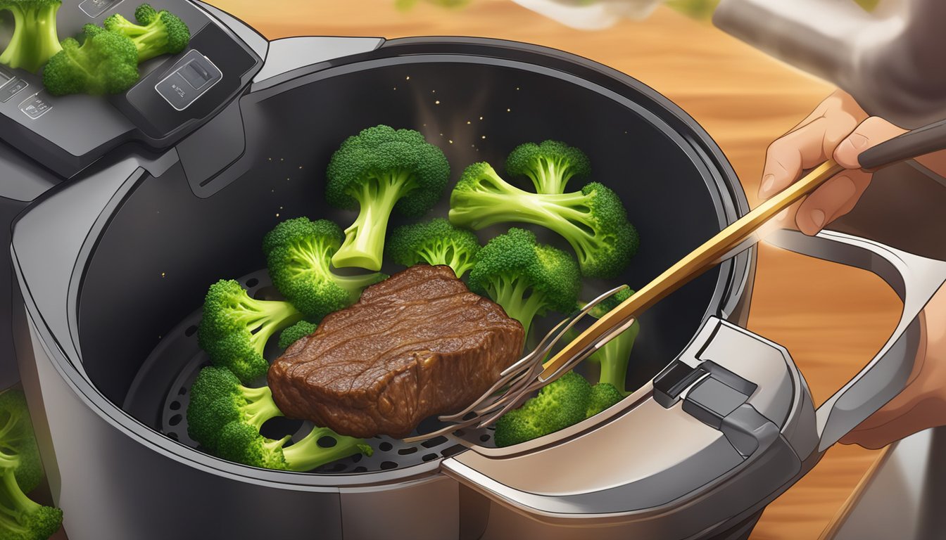 Beef and broccoli sizzling in the air fryer, emitting steam, with a golden, crispy texture