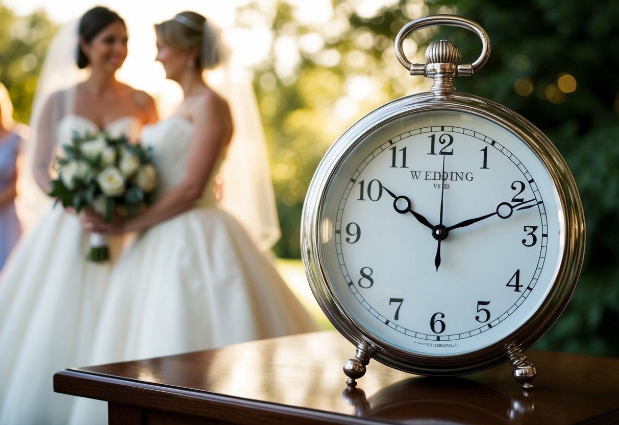 A clock showing the time for the bride's arrival at the wedding