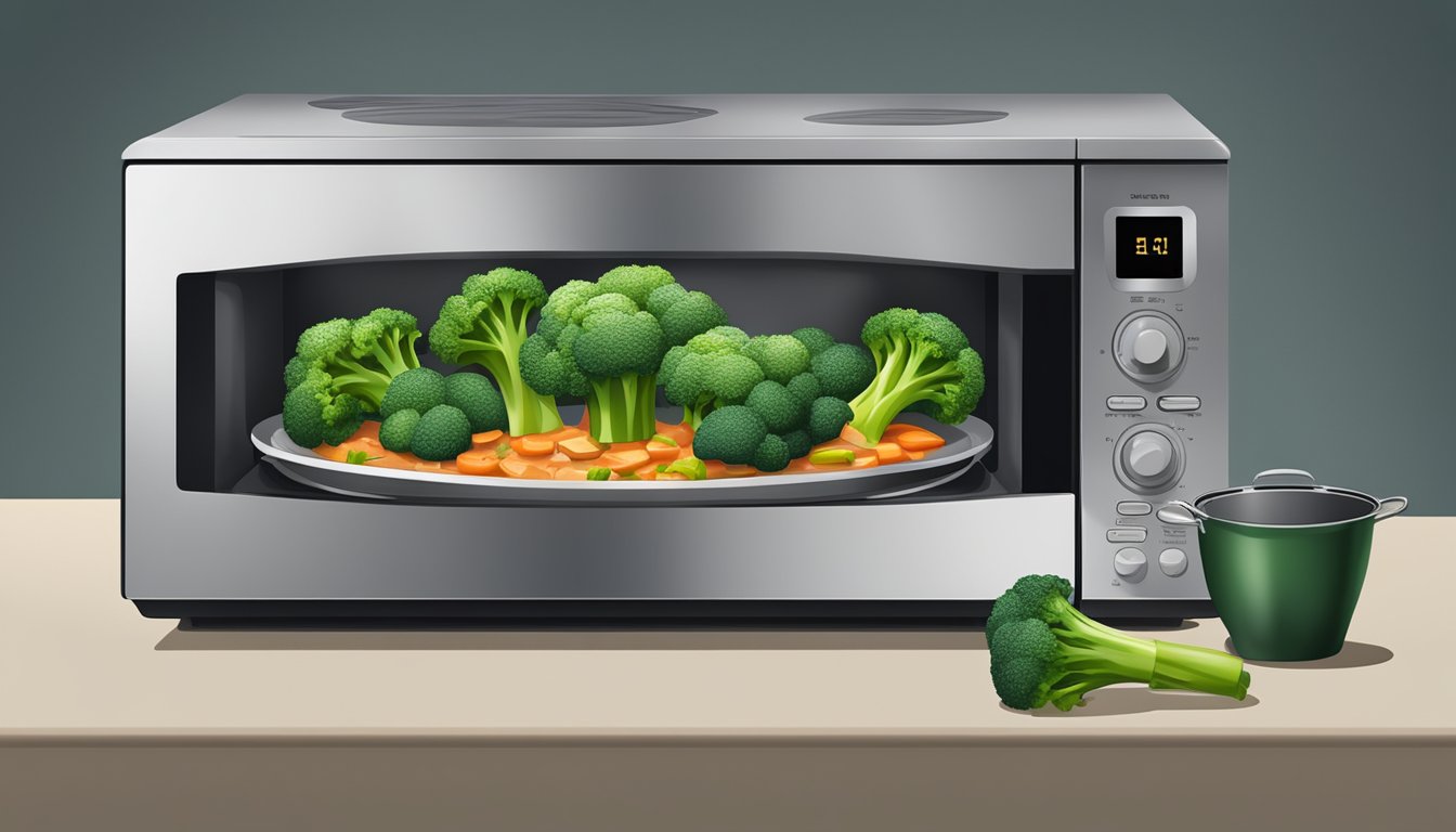 A microwave and a stovetop with a pan containing beef and broccoli