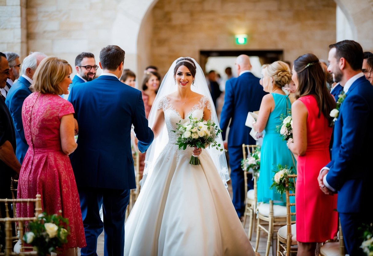 The bride arrives at her wedding venue, greeted by guests and preparing for post-ceremony activities