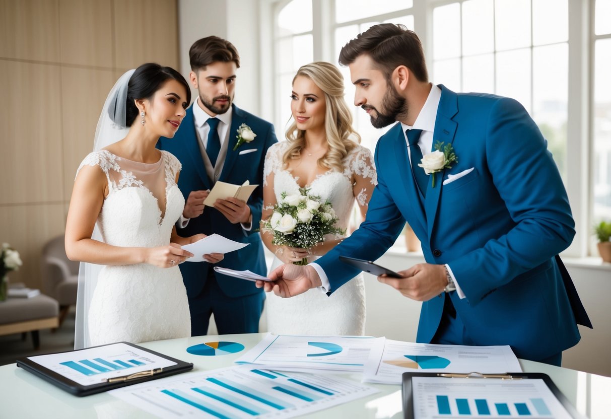 A bride and groom discussing wedding expenses with a planner, surrounded by budget spreadsheets and cost breakdowns